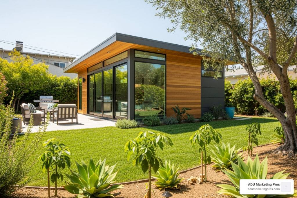 A diverse group of Los Angeles homeowners smiling and reviewing architectural plans for an ADU, with a sunny California home in the background, symbolizing accessible financing - adu financing los angeles
