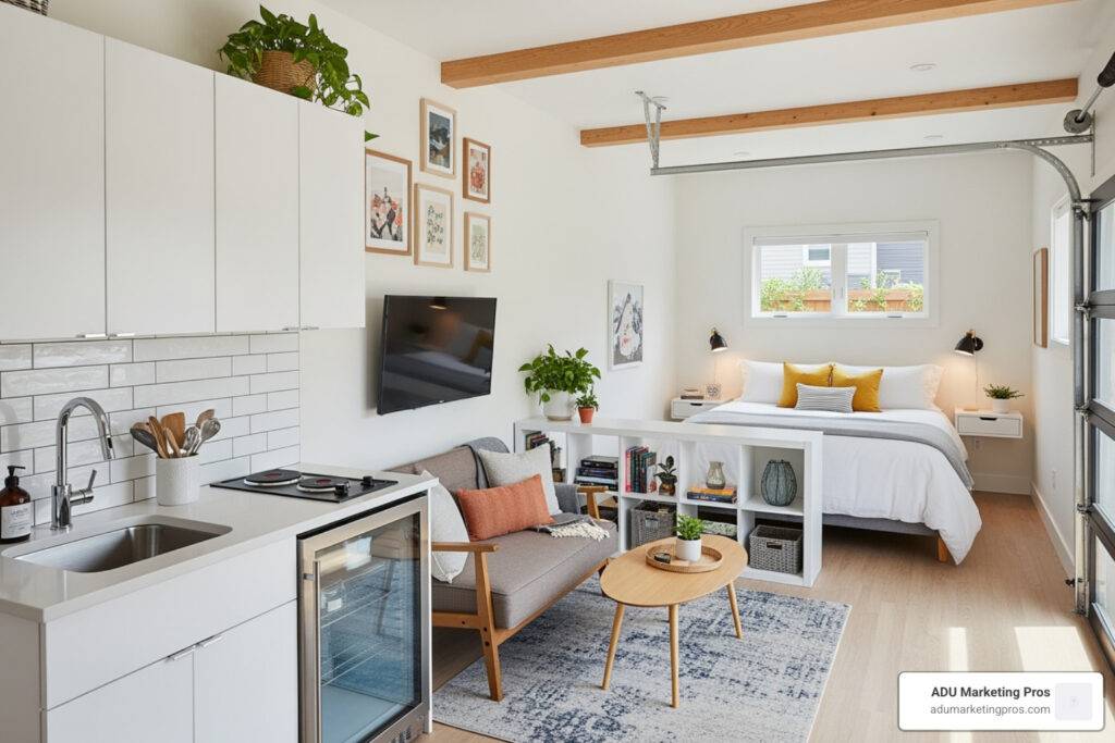 A bright and modern junior accessory dwelling unit interior, converted from a garage, with a compact kitchen and living area.