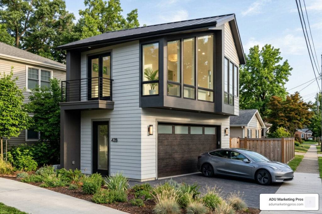 garage apartment ideas exterior modern two-story detached ADU with large windows - Garage apartment ideas