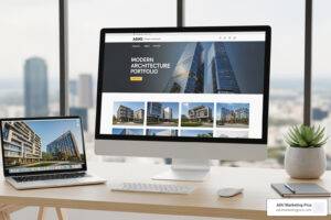 A sleek, modern architect's website on a laptop screen, showcasing a high-resolution image of a building, emphasizing the importance of a strong first impression. - web design for architects