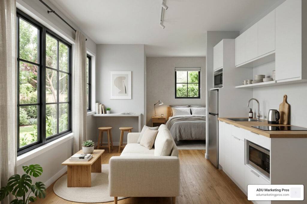30 sqm granny flat interior with open-plan living, minimalist furniture, and natural light