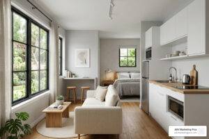 30 sqm granny flat interior with open-plan living, minimalist furniture, and natural light
