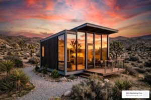 A sleek, modern prefab tiny home nestled in a minimalist landscape with large glass windows reflecting a sunset - prefab