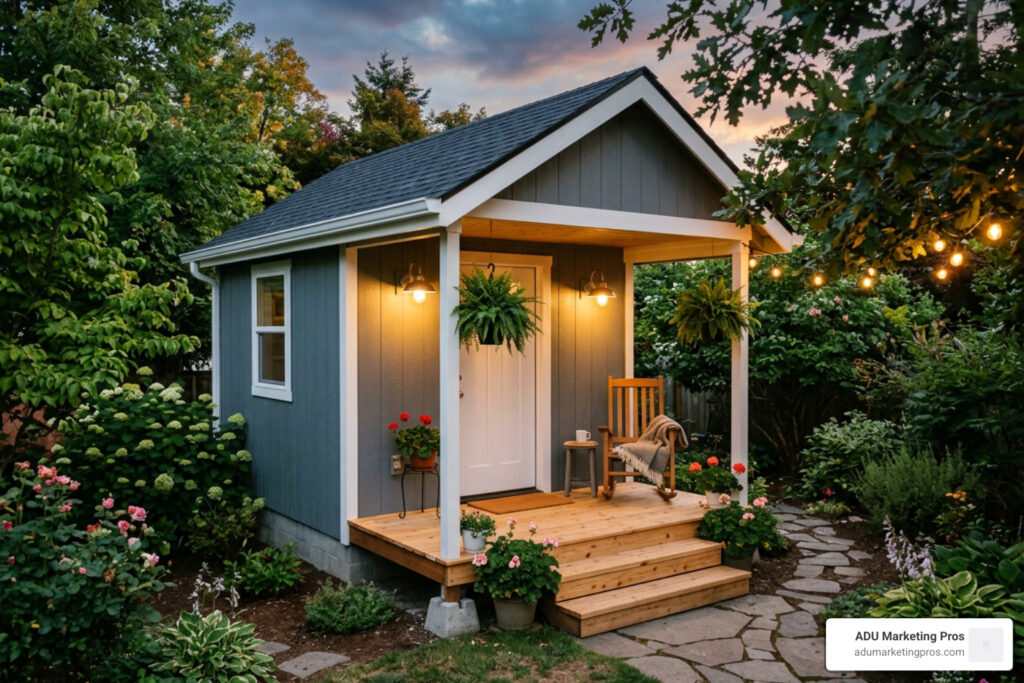 granny sheds backyard with wooden porch and warm lighting
