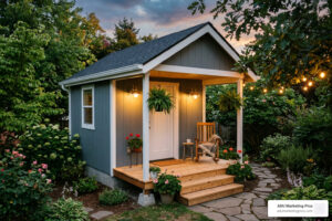 granny sheds backyard with wooden porch and warm lighting