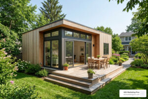 60 sqm granny flat with wooden deck and glass doors in green suburban backyard