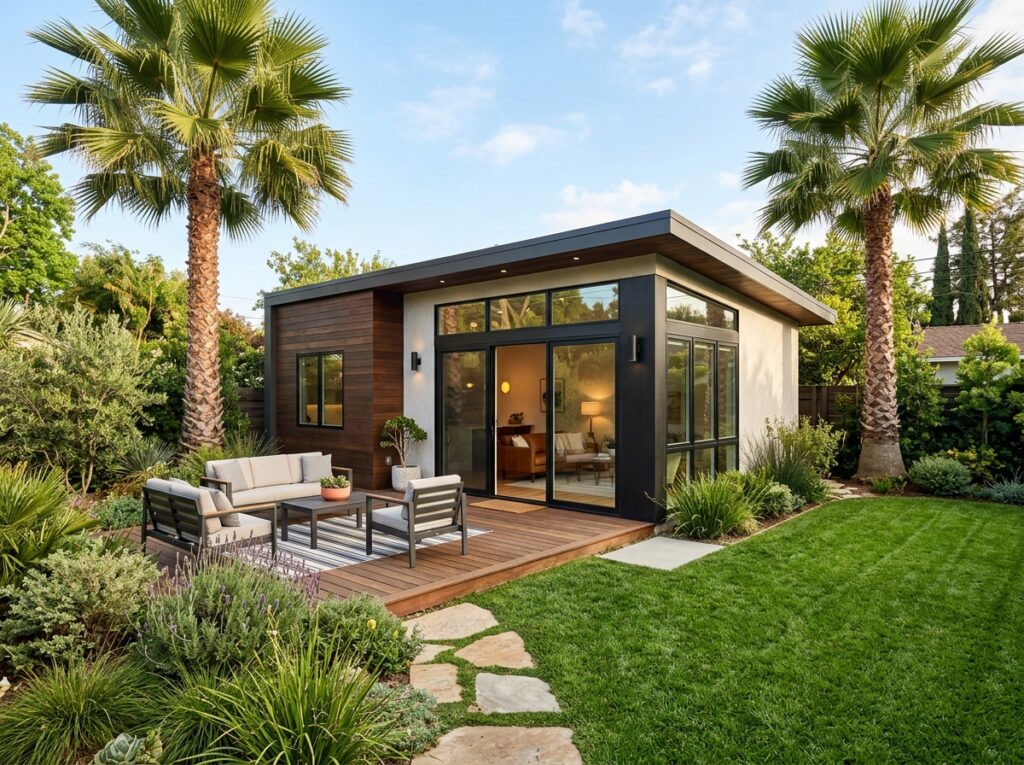 granny flats prefabricated in a landscaped California backyard - granny flats prefabricated