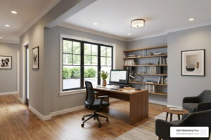 A modern home office converted from an integral garage, showing seamless integration with the main house interior