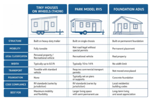 Structural comparison between THOWs, park model RVs, and foundation ADUs