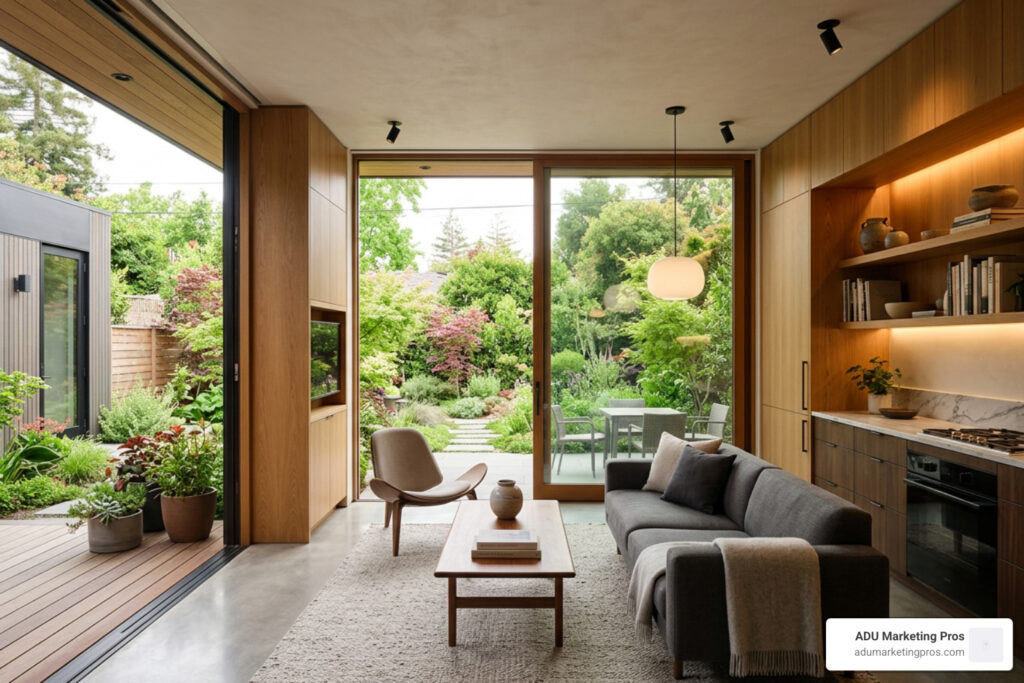 Luxury modern detached ADU interior with custom millwork and expansive glass walls