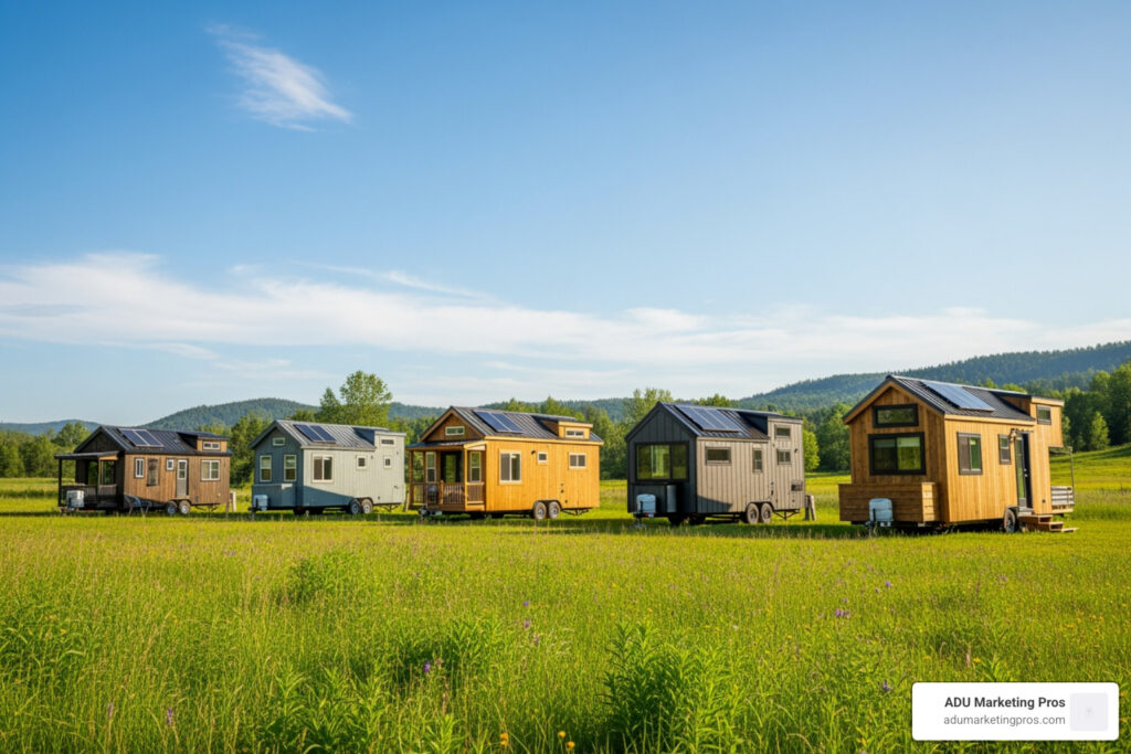 moveable tiny homes parked in a lush meadow with solar panels on the roof - moveable tiny homes