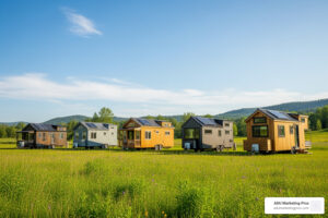 moveable tiny homes parked in a lush meadow with solar panels on the roof - moveable tiny homes