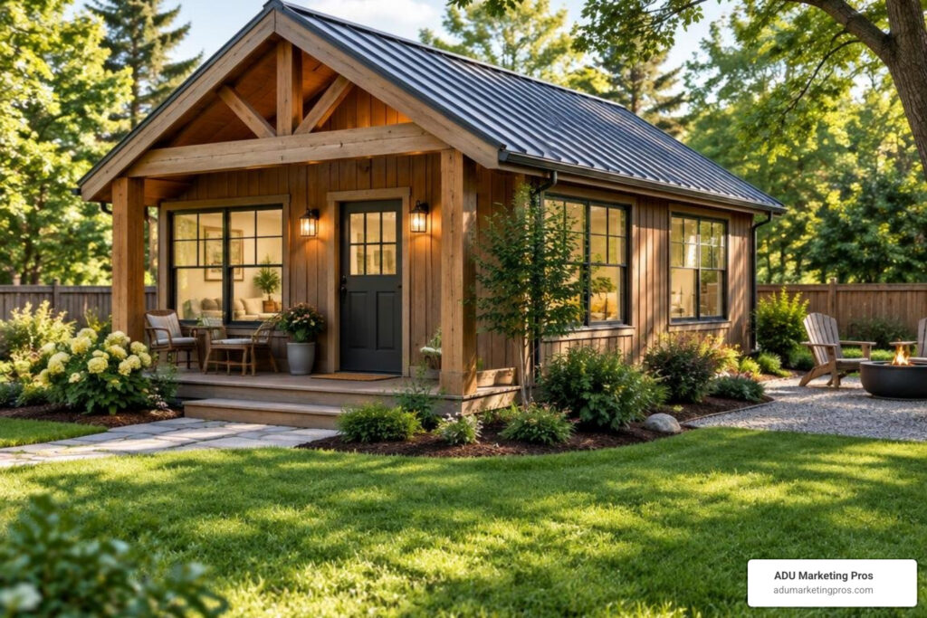 Converted detached garage guest house with a welcoming entrance and natural light