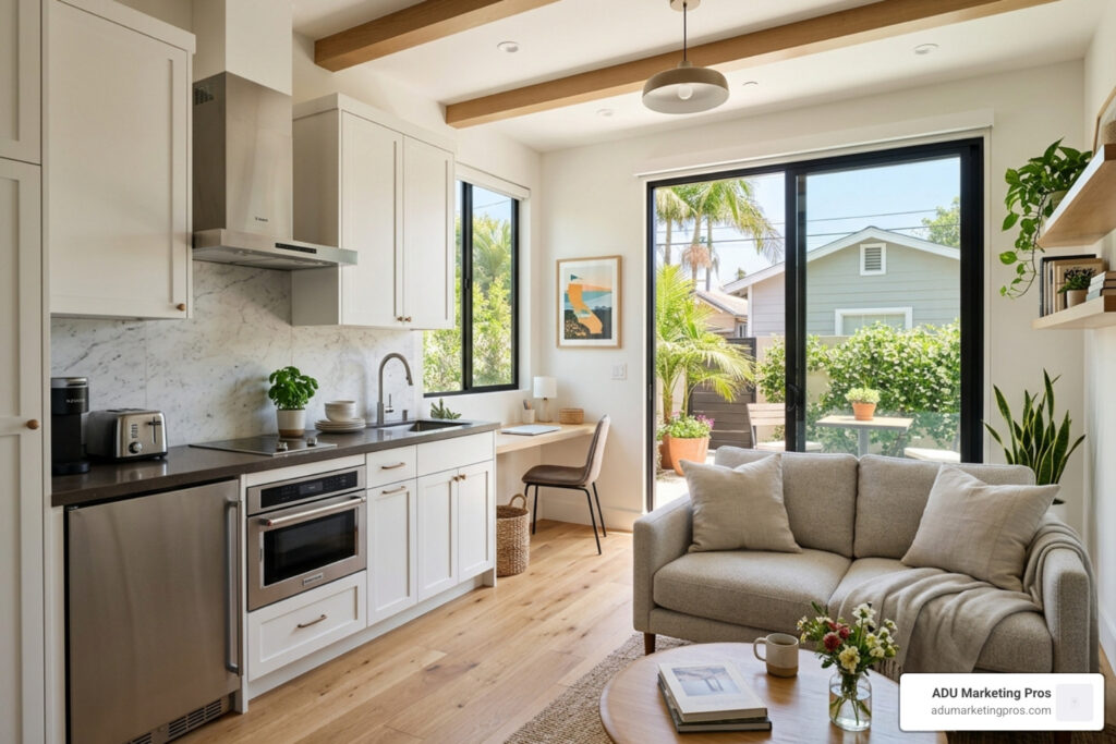 Los Angeles junior ADU modern interior with compact kitchenette and natural lighting - Los Angeles junior ADU