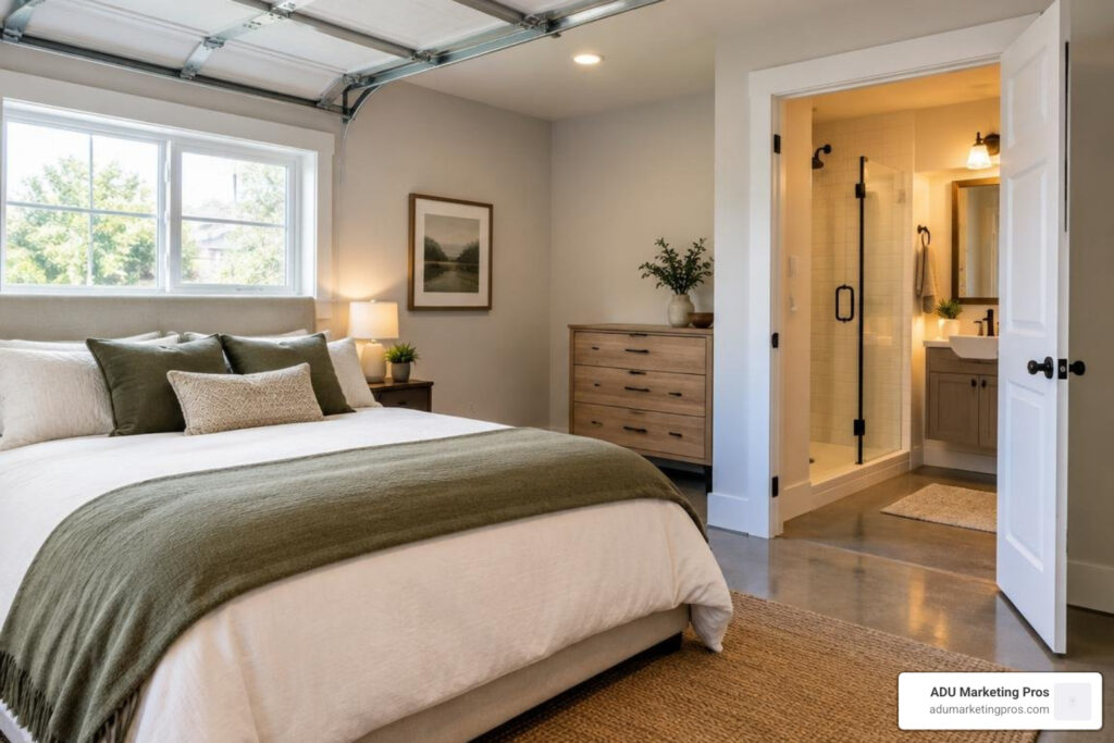 Photorealistic converted garage bedroom with an ensuite bathroom