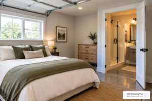 Photorealistic converted garage bedroom with an ensuite bathroom