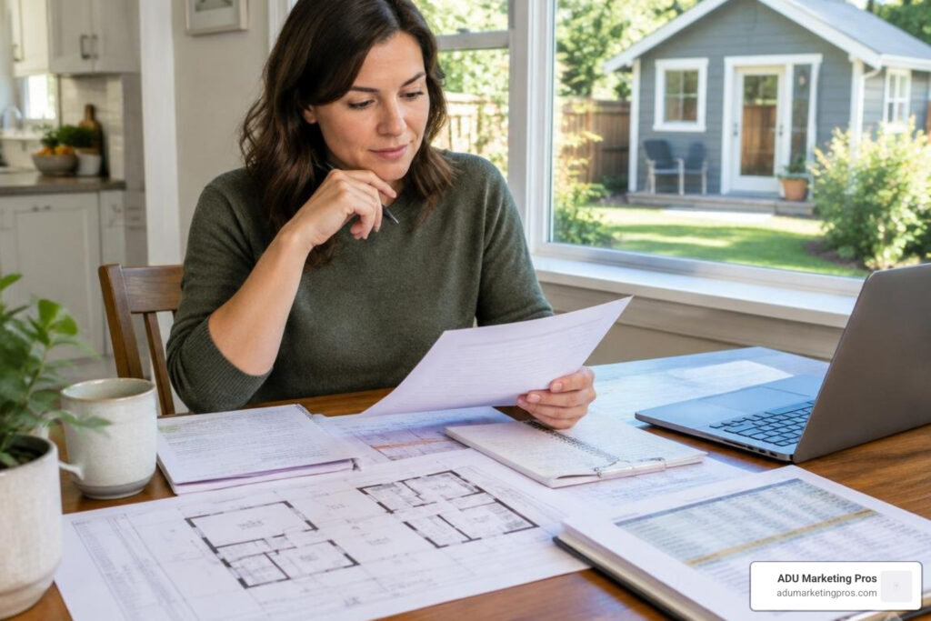 Homeowner reviewing ADU construction plans and grant paperwork beside a backyard cottage