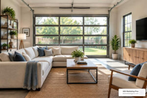 Photorealistic converted garage with a bright living area and a former garage door replaced by windows